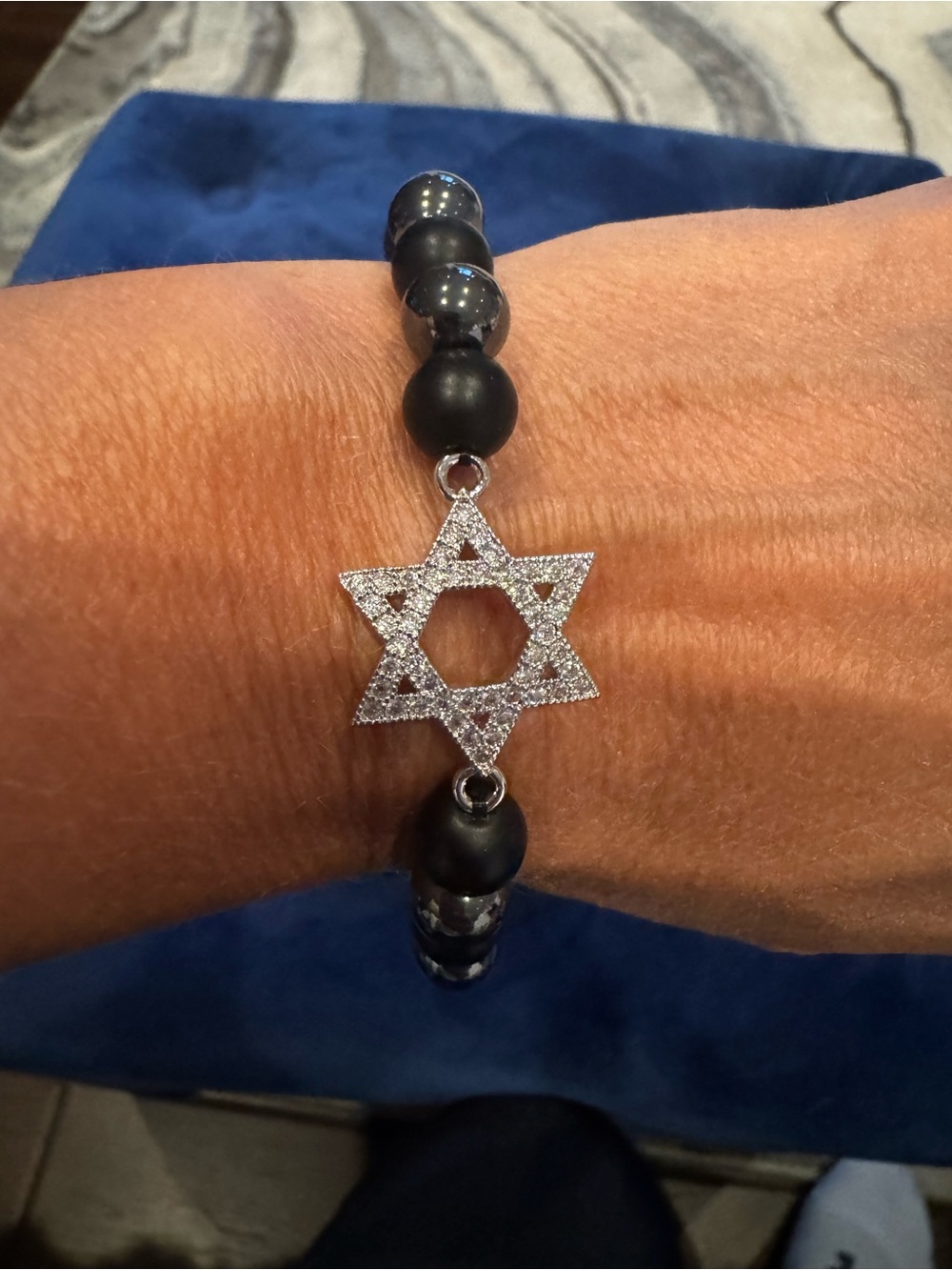 Men Black Beaded Bracelet with Silver Star of David Charm - Picture 4 of 5